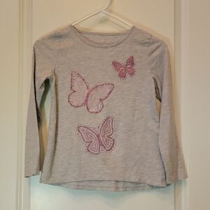 Girl Gray Size 10/12 Long Sleeve Shirt with Pink Glittered Butterflies PLACE